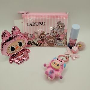 LABUBU Pink Accessory Bundle(Pouch, Lip Gloss, Keychain, Phone Stand)
